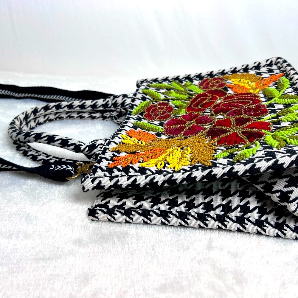 America & Beyond Elegant Floral Embroidered Houndstooth Tote - Picture 5 of 9